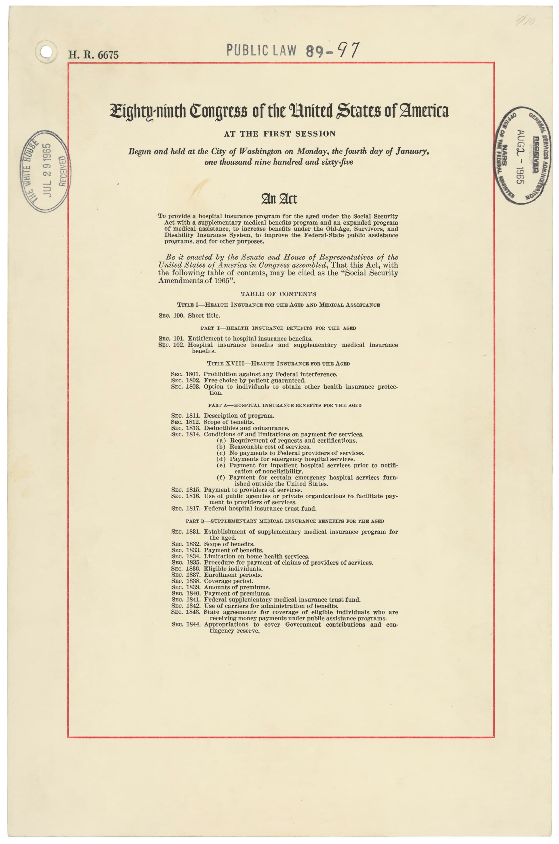 First page of Public Law 89-97, the 1965 act creating Medicare and Medicaid