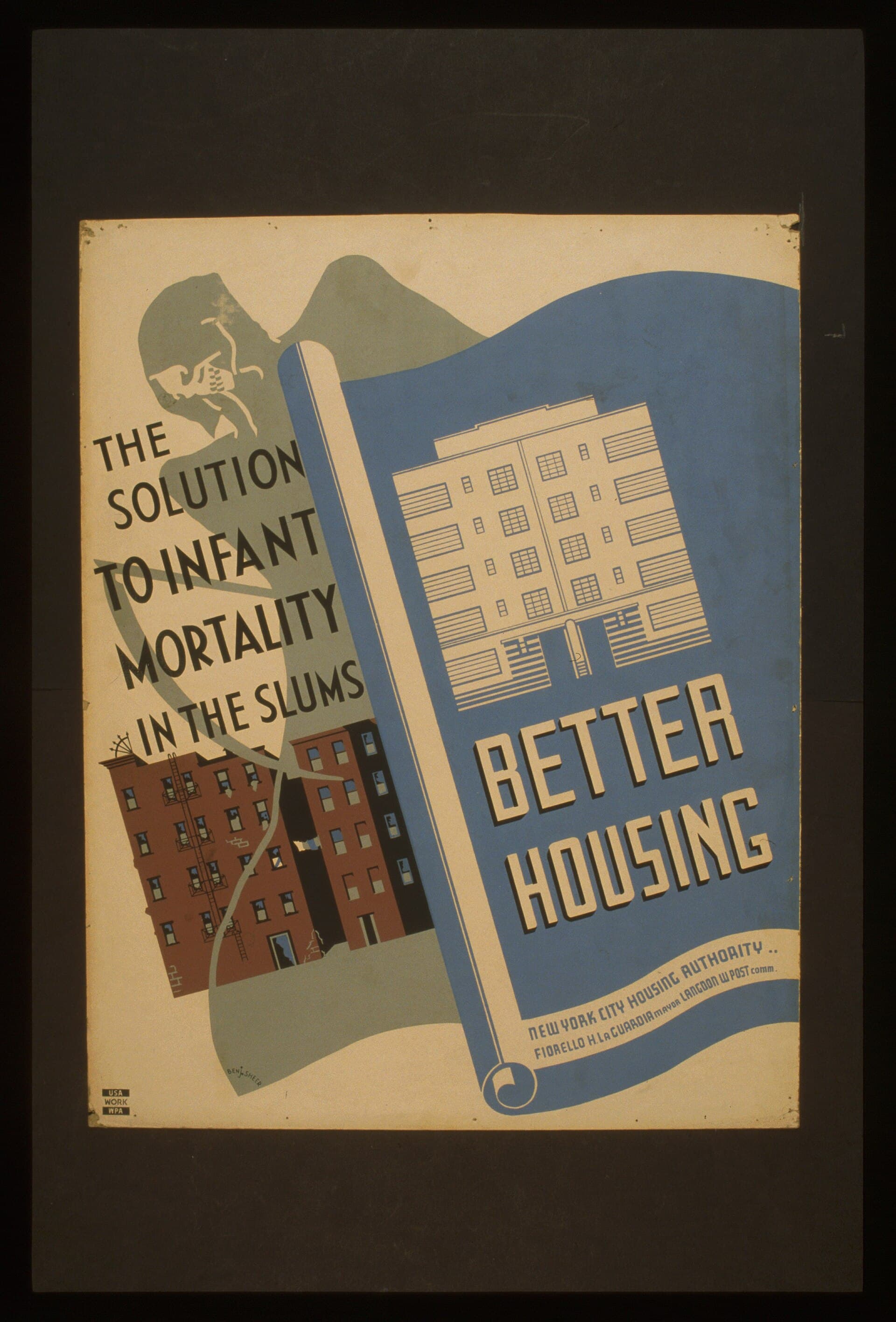 A 1936 WPA poster reading Better Housing, with a new apartment block beside old tenements