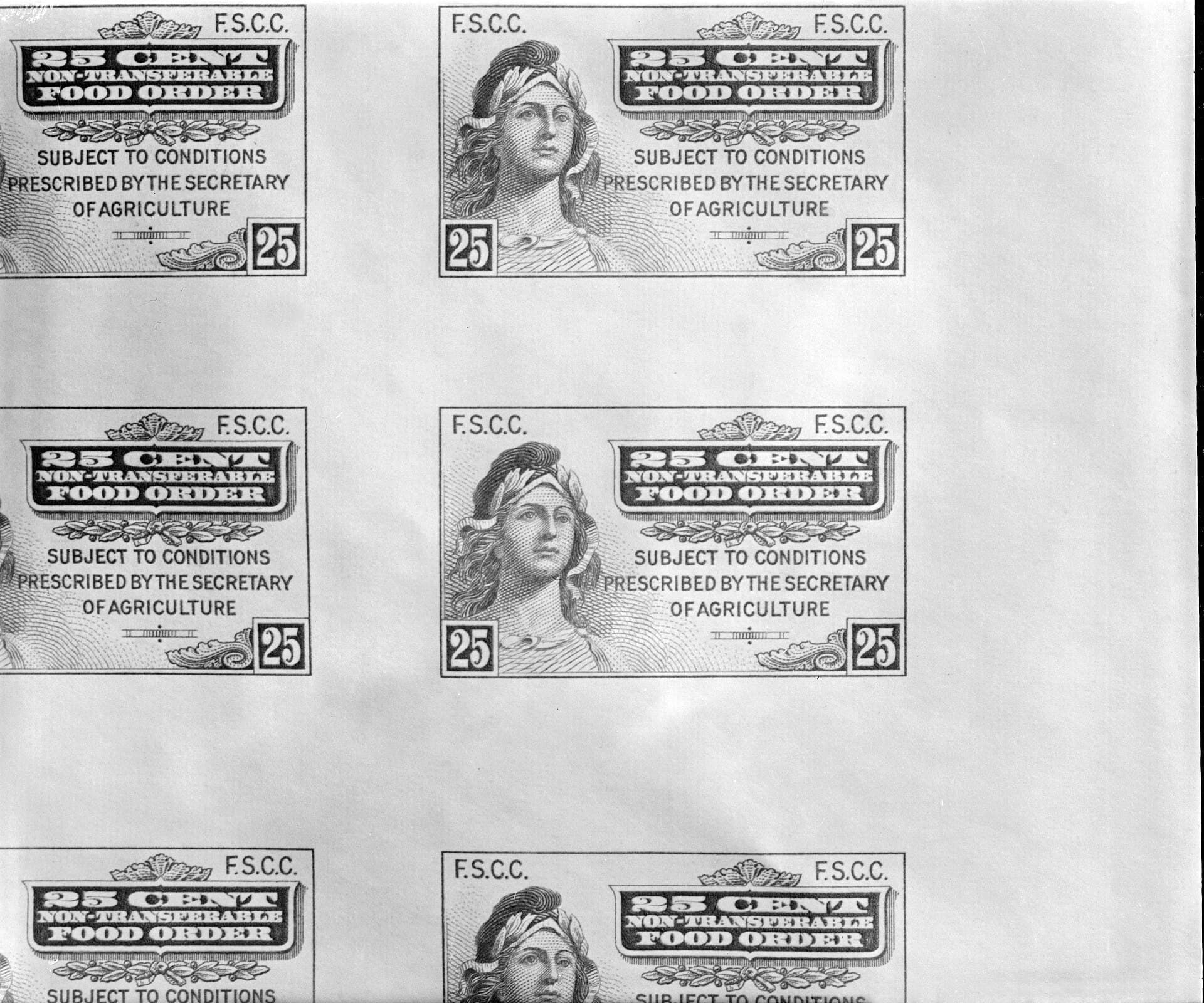 A sheet of 25-cent food order stamps from 1939