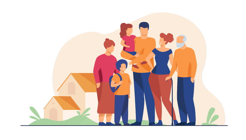Illustration of a multi-generation family standing in front of their home